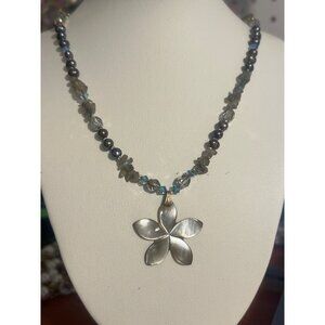 Vintage Iridescent Glass Pearl Bead Necklace Mother of Pearl Abalone Flower 18"